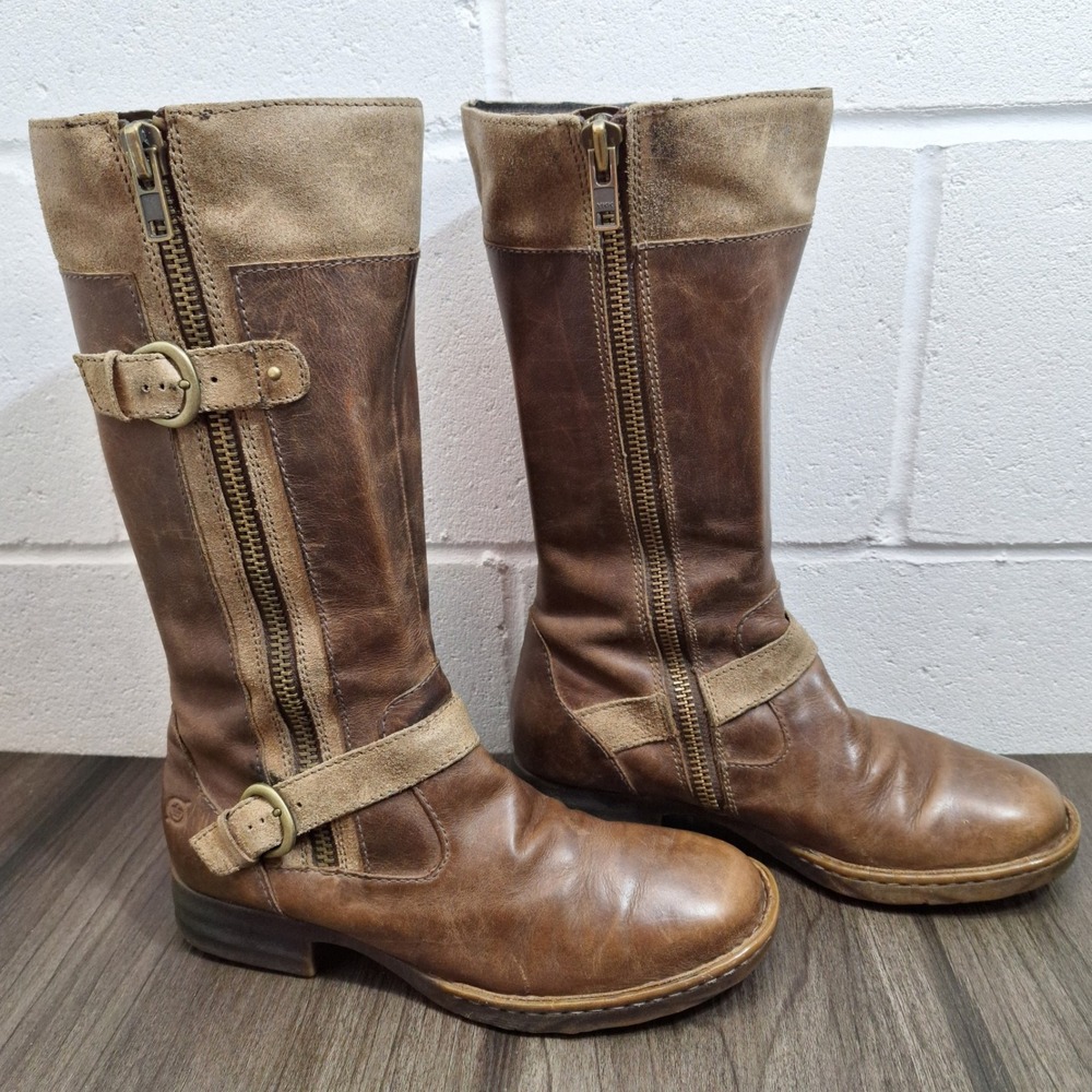 Born Distressed Brown Leather Mid Calf Riding Boots Plaid Lined Women's 7.5M